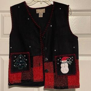 Christmas vest.  Black with applique snowmen and trees